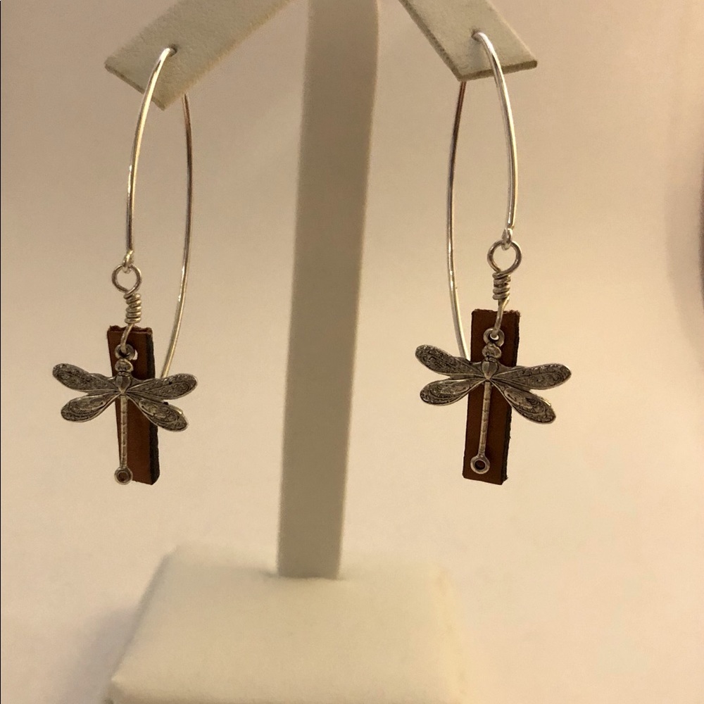 Dragonfly earrings— silver and brown wood